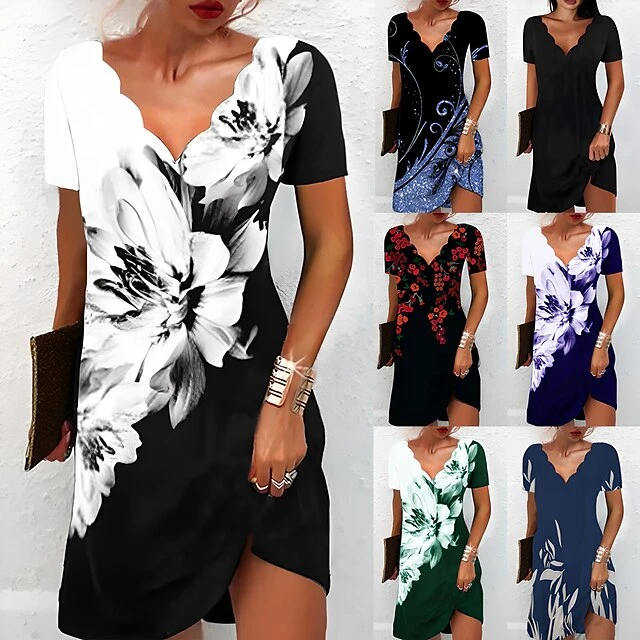 Women's Casual Dress Shift Dress Floral Dress Mini Dress Black And White Black White Short Sleeve Floral Print Summer Spring Scalloped Neck Fashion Vacation 2023 S M L XL XXL 3XL 2 Women's Casual Dress Shift Dress Floral Dress Mini Dress Black And White Black White Short Sleeve Floral Print Summer Spring Scalloped Neck Fashion Vacation 2023 S M L XL XXL 3XL - Image 2