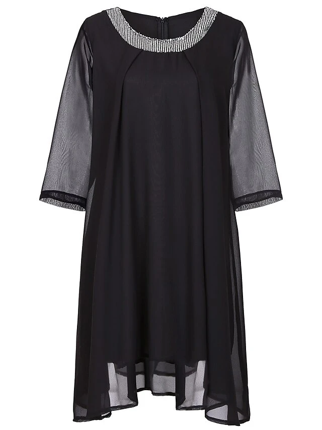 Women‘s Plus Size Curve Work Dress Chiffon Dress Swing Dress Fashion Midi Dress Layered Fake Two Piece Crew Neck 3/4 Length Sleeve Plain Regular Fit Black Red Navy Blue Summer Spring 5 Women‘s Plus Size Curve Work Dress Chiffon Dress Swing Dress Fashion Midi Dress Layered Fake Two Piece Crew Neck 3/4 Length Sleeve Plain Regular Fit Black Red Navy Blue Summer Spring - Image 5