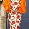 Women‘s Plus Size Curve Party Dress Cocktail Dress Wedding Guest Dress Midi Dress Orange 3/4 Length Sleeve Floral Print Spring Fall Winter Crew Neck Fashion Winter Dress Wedding Guest Vacation 2023