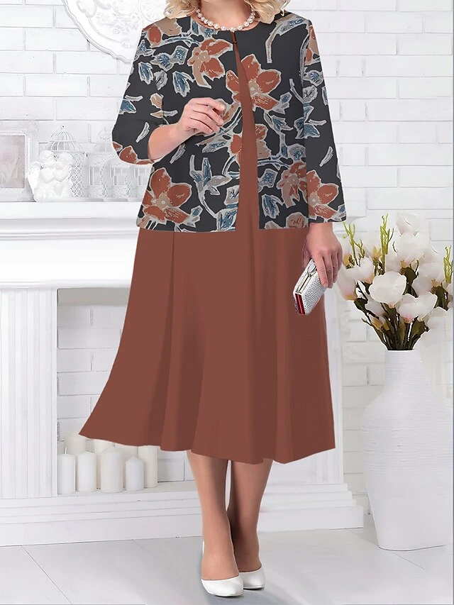 Women's Plus Size Curve Two Piece Dress Set Casual Dress Swing Dress Outdoor Office Fashion Streetwear Print Midi Dress Crew Neck Long Sleeve Floral Purple Brown Green Fall Winter L XL XXL 3XL 3 Women's Plus Size Curve Two Piece Dress Set Casual Dress Swing Dress Outdoor Office Fashion Streetwear Print Midi Dress Crew Neck Long Sleeve Floral Purple Brown Green Fall Winter L XL XXL 3XL - Image 3