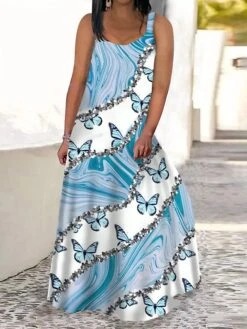 Women‘s Plus Size Curve Casual Dress Swing Dress Tank Dress Color Block Butterfly Long Dress Maxi Dress Sleeveless Print V Neck Modern Daily Blue Sky Blue Summer Spring L XL XXL 3XL 4XL