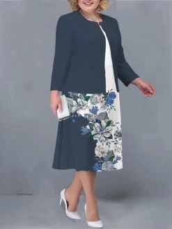 Women's Plus Size Two Piece Dress Set Casual Dress Print Dress Outdoor Office Fashion Streetwear Print Midi Dress Crew Neck Long Sleeve Floral Regular Fit Yellow Light Green Dark Pink Fall Winter L