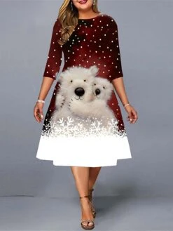 Women‘s Christmas Plus Size Work Dress Animal Crew Neck Print 3/4 Length Sleeve Fall Spring Elegant Midi Dress Work Going Out Dress