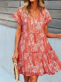 Women's Casual Dress Chiffon Dress Floral Dress Floral Color Block Print V Neck Mini Dress Active Fashion Outdoor Street Short Sleeve Regular Fit White Pink Red Summer Spring S M L XL XXL -Casual Print Dress Sales jeiakv1688036786526