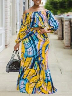 Women‘s Plus Size Curve Two Piece Dress Graphic One Shoulder Lantern Sleeve Long Sleeve Fall Spring Stylish Elegant Maxi Long Dress Holiday Vacation Dress -Casual Print Dress Sales jenyqf1628660424303