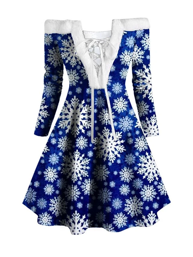 Women's Christmas Swing Dress Vintage Dress Mini Dress Green Blue Royal Blue Red White Black Long Sleeve Santa Claus Snowman Snowflake Feather Print Winter Fall Off Shoulder Stylish Elegant 3 Women's Christmas Swing Dress Vintage Dress Mini Dress Green Blue Royal Blue Red White Black Long Sleeve Santa Claus Snowman Snowflake Feather Print Winter Fall Off Shoulder Stylish Elegant - Image 3