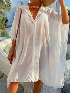 Women's Swimwear Cover Up Beach Top Normal Swimsuit UV Protection Modest Swimwear Button Pure Color White Black Bathing Suits New Casual Vacation / Modern