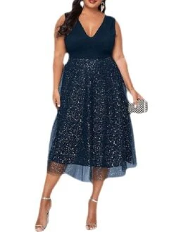 Women‘s Plus Size Curve Party Dress Solid Color V Neck Mesh Sleeveless Spring Fall Elegant Sexy Sequins Prom Dress Midi Dress Formal Party Dress Sequin Dress Homecoming Dress Print -Casual Print Dress Sales jfjzih1648866250794