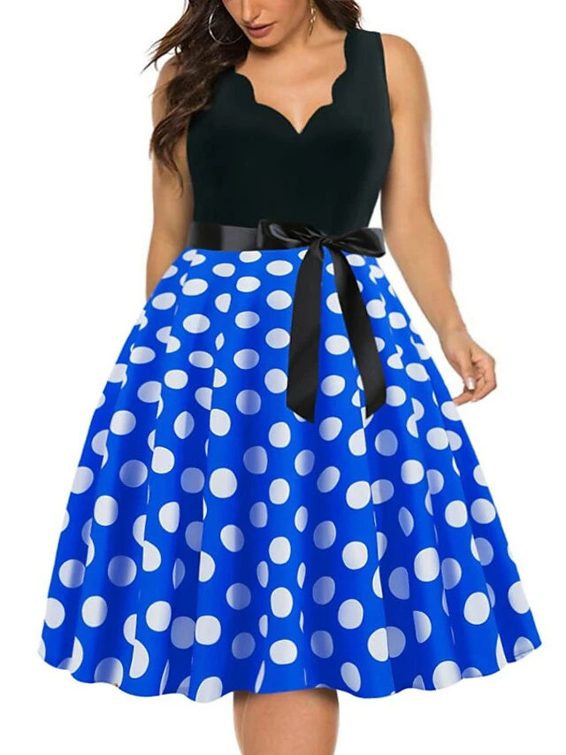 Women's Plus Size Curve Party Dress Polka Dot V Neck Bow Sleeveless Fall Spring Vintage 1950s Elegant Knee Length Dress Formal Party Dress 2 Women's Plus Size Curve Party Dress Polka Dot V Neck Bow Sleeveless Fall Spring Vintage 1950s Elegant Knee Length Dress Formal Party Dress - Image 2