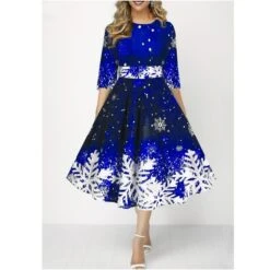 Women's Christmas Skater Dress Print DressMidi Dress Green Purple Dark Red Dark Blue Black 3/4 Length Sleeve Print Snowflake Patchwork Print Fall Winter Crew Neck Fashion Party 2022 S M L XL 2XL 3XL -Casual Print Dress Sales jfxbre1667293698271