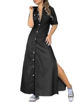Women's Denim Dress Shirt Dress Shift Dress Maxi Long Dress Outdoor Vacation Denim Elegant Classic Shirt Collar Button Split Half Sleeve Summer Spring 2023 Regular Fit Black Navy Blue Light Blue Pure -Casual Print Dress Sales jgqgsl1654746626855