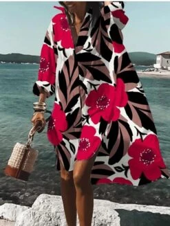 Women's Shirt Dress Shift Dress Swing Dress Midi Dress Outdoor Winter Dress Daily Polyester Vacation Stylish Shirt Collar Button High Low Dress Long Sleeve Spring Fall Winter 2023 Loose Fit White Red -Casual Print Dress Sales jhuzwx1654080357483