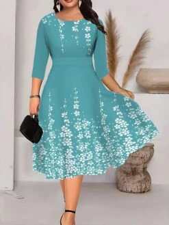 Women‘s Plus Size Curve Work Dress Swing Dress A Line Dress Fashion Midi Dress Print Crew Neck 3/4 Length Sleeve Floral Regular Fit Blue Fuchsia Green Summer Fall L XL XXL 3XL 4XL -Casual Print Dress Sales jidlmv1690962492621