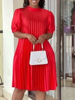Women‘s Plus Size Curve Casual Dress Shift Dress Solid Color Midi Dress Short Sleeve Ruched Pleated Stand Collar Fashion Daily White Red Summer Spring L XL 2XL 3XL -Casual Print Dress Sales jidxlx1678184666321