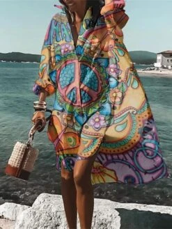 Women's Shirt Dress Casual Dress Swing Dress Midi Dress Outdoor Winter Dress Daily Polyester Fashion Stylish Shirt Collar Rolled Cuff High Low Dress Long Sleeve Summer Spring Fall 2023 Loose Fit -Casual Print Dress Sales jinwie1661424583687