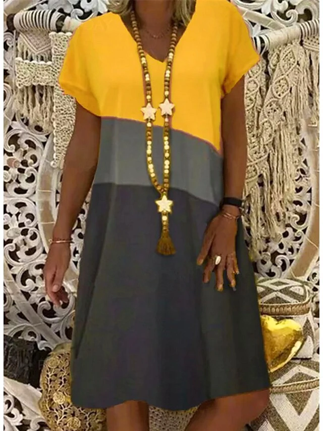 Women's Shift Dress Midi Dress Yellow Orange Khaki Short Sleeve Color Block Patchwork Summer Spring V Neck Hot Loose Fit 2023 S M L XL XXL 3XL 4XL 5XL 5 Women's Shift Dress Midi Dress Yellow Orange Khaki Short Sleeve Color Block Patchwork Summer Spring V Neck Hot Loose Fit 2023 S M L XL XXL 3XL 4XL 5XL - Image 5