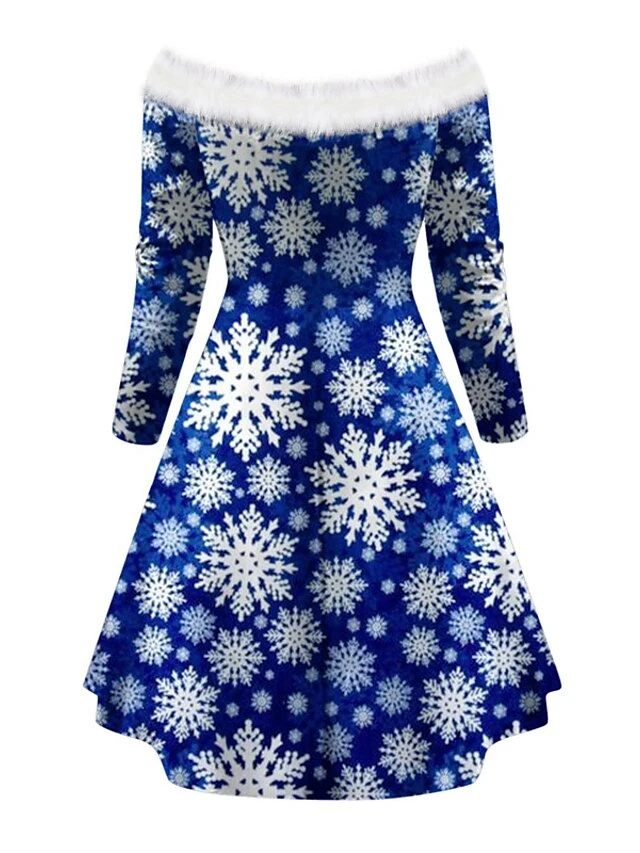 Women's Christmas Swing Dress Vintage Dress Mini Dress Green Blue Royal Blue Red White Black Long Sleeve Santa Claus Snowman Snowflake Feather Print Winter Fall Off Shoulder Stylish Elegant 4 Women's Christmas Swing Dress Vintage Dress Mini Dress Green Blue Royal Blue Red White Black Long Sleeve Santa Claus Snowman Snowflake Feather Print Winter Fall Off Shoulder Stylish Elegant - Image 4
