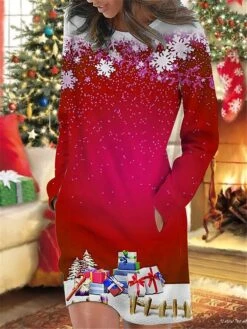 Women's Christmas Casual Dress Sweatshirt Dress Mini Dress Warm Fashion OutdoorHoliday Crew Neck Pocket Print Snowflake Loose Fit Wine Blue Green S M L XL XXL 5 Women's Christmas Casual Dress Sweatshirt Dress Mini Dress Warm Fashion OutdoorHoliday Crew Neck Pocket Print Snowflake Loose Fit Wine Blue Green S M L XL XXL -Casual Print Dress Sales jjvlai1695644505327