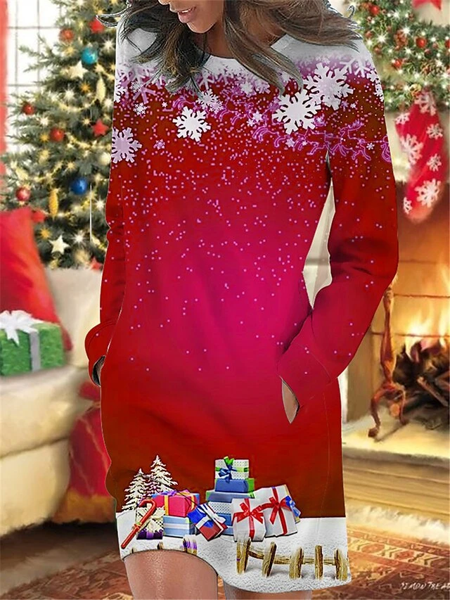 Women's Christmas Casual Dress Sweatshirt Dress Mini Dress Warm Fashion OutdoorHoliday Crew Neck Pocket Print Snowflake Loose Fit Wine Blue Green S M L XL XXL 3 Women's Christmas Casual Dress Sweatshirt Dress Mini Dress Warm Fashion OutdoorHoliday Crew Neck Pocket Print Snowflake Loose Fit Wine Blue Green S M L XL XXL - Image 3