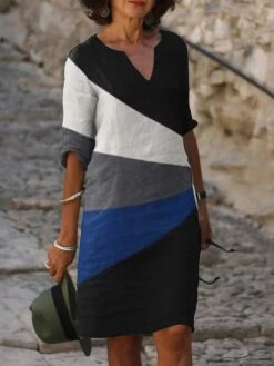 Women's Casual Dress Shift Dress Summer Dress Color Block Print Split Neck Midi Dress Active Fashion Outdoor Daily Half Sleeve Regular Fit Black Summer Spring S M L XL XXL