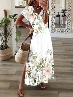 Women's Casual Dress A Line Dress Summer Dress Floral Split Print V Neck Long Dress Maxi Dress Fashion Streetwear Outdoor Daily Short Sleeve Regular Fit White Yellow Pink Summer Spring S M L XL XXL -Casual Print Dress Sales jkudan1688469356067