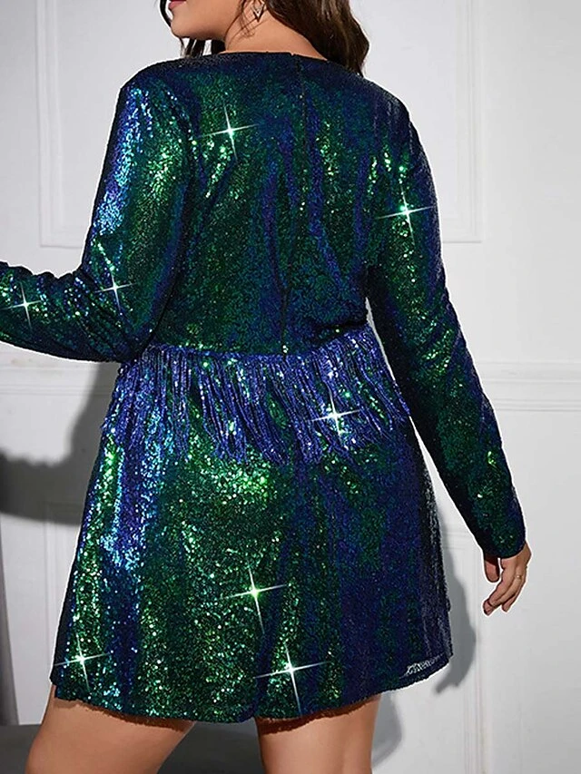 Women's Plus Size Curve Party Dress Sequin Dress Cocktail Dress Solid Color Mini Dress Long Sleeve Ruched Spaghetti Strap Fashion Party Champagne Green Fall Winter XL XXL 3XL 4XL 8 Women's Plus Size Curve Party Dress Sequin Dress Cocktail Dress Solid Color Mini Dress Long Sleeve Ruched Spaghetti Strap Fashion Party Champagne Green Fall Winter XL XXL 3XL 4XL - Image 8
