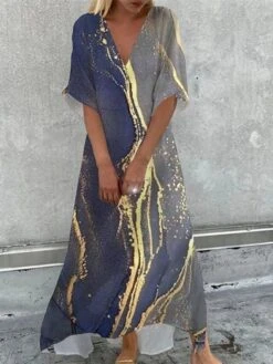 Women's Marbling Floral Print Casual Dress Swing Dress Boho Dress Long Dress Maxi Dress Green Blue Yellow Half Sleeve Summer Fall Spring V Neck Weekend Loose Fit 2023 S M L XL XXL 3XL