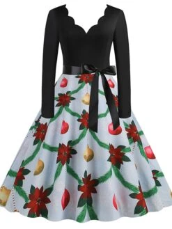 Women's Christmas Casual Dress Swing Dress Midi Dress Blue Purple Royal Blue Light Blue White Long Sleeve Santa Claus Elk Tree Bow Print Winter Fall V Neck Vacation Vintage 2022 S M L XL