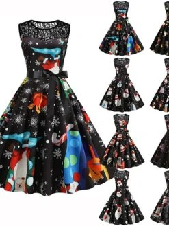 Women‘s Christmas Retro 1950s Vintage Dress Midi Dress Party Patchwork Bow Santa Claus Crew Neck Sleeveless Regular Fit Fall Winter 2023 Black White S M L XL