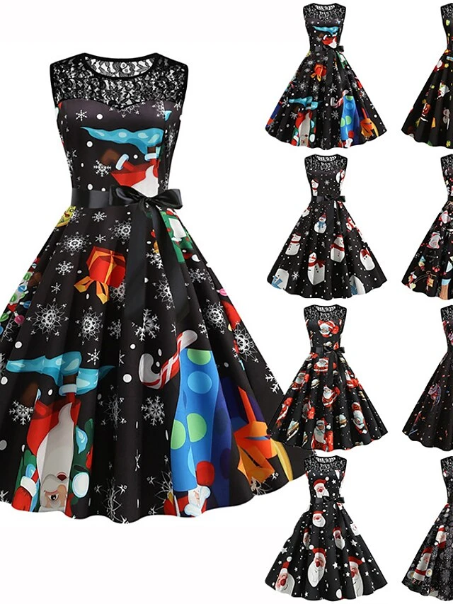 Women‘s Christmas Retro 1950s Vintage Dress Midi Dress Party Patchwork Bow Santa Claus Crew Neck Sleeveless Regular Fit Fall Winter 2023 Black White S M L XL 1 Women‘s Christmas Retro 1950s Vintage Dress Midi Dress Party Patchwork Bow Santa Claus Crew Neck Sleeveless Regular Fit Fall Winter 2023 Black White S M L XL