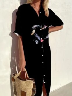 Women's Shirt Dress Mini Dress Office Daily Date Polyester Modern Casual Shirt Collar Button Print Half Sleeve Summer Spring Fall 2023 Loose Fit Black And White Black Dark Gray Graphic S M L XL 2XL -Casual Print Dress Sales jmiaon1693991196008