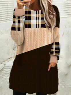 Women‘s Christmas Sweatshirt Dress Shift Dress Mini Dress Blue Pink Fuchsia Long Sleeve Plaid Pocket Winter Fall Autumn Crew Neck Loose Fit 2022 S M L XL XXL 3XL