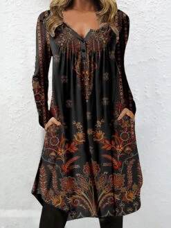 Casual Print Dress Sales 3 Women's Casual Dress Ethnic Dress Shift Dress Mini Dress Black Long Sleeve Floral Button Winter Fall Spring V Neck Stylish Weekend 2023 S M L XL XXL 3XL