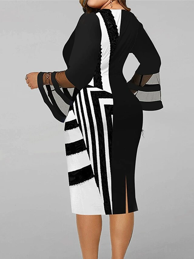 Women‘s Plus Size Curve Work Dress Bodycon Sheath Dress Stripe Midi Dress Long Sleeve Mesh V Neck Elegant Outdoor White Red Spring Fall L XL XXL 3XL 4XL 2 Women‘s Plus Size Curve Work Dress Bodycon Sheath Dress Stripe Midi Dress Long Sleeve Mesh V Neck Elegant Outdoor White Red Spring Fall L XL XXL 3XL 4XL - Image 2