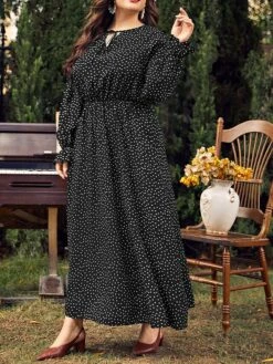 Women's Plus Size Party Dress Wedding Guest Dress Black Dress Long Dress Maxi Dress Black Pink Red Long Sleeve Polka Dot Lace Up Spring Fall Winter Crew Neck Fashion Winter Dress Evening Party