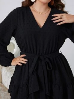 Women's Plus Size Party Dress Cocktail Dress Swing Dress Mini Dress Black Long Sleeve Pure Color Lace Up Spring Fall Winter V Neck Fashion Winter Dress Birthday Wedding Guest 2023 XL XXL 3XL 4XL -Casual Print Dress Sales jnvacn1671675200196
