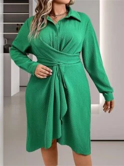 Women's Plus Size Curve Shirt Dress Casual Dress Plain Midi Dress Long Sleeve Ruched Button Shirt Collar Fashion Outdoor Green Fall Winter L XL XXL 3XL 4XL -Casual Print Dress Sales jomfpz1695095378108