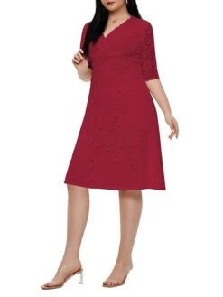 Women‘s Plus Size Curve Party Dress Lace Dress White Dress Solid Color Midi Dress Half Sleeve Lace V Neck Fashion Party White Red Summer Spring XL XXL 3XL 4XL 5XL -Casual Print Dress Sales jplpts1681204552269