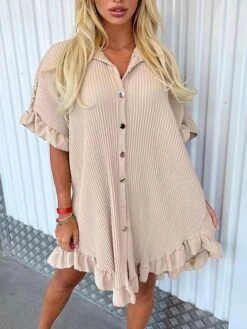 Women's Shirt Dress Casual Dress Mini Dress Outdoor Daily Vacation Polyester Fashion Modern Shirt Collar Ruffle Button Half Sleeve Summer Spring Fall 2023 Regular Fit ArmyGreen Black White Plain S M -Casual Print Dress Sales jpovqz1689924404354