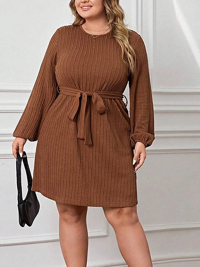 Women's Plus Size Curve Casual Dress Winter Dress Knit Dress Plain Midi Dress Long Sleeve Lace Up Crew Neck Fashion Outdoor Brown Fall Winter XL XXL 3XL 3 Women's Plus Size Curve Casual Dress Winter Dress Knit Dress Plain Midi Dress Long Sleeve Lace Up Crew Neck Fashion Outdoor Brown Fall Winter XL XXL 3XL - Image 3