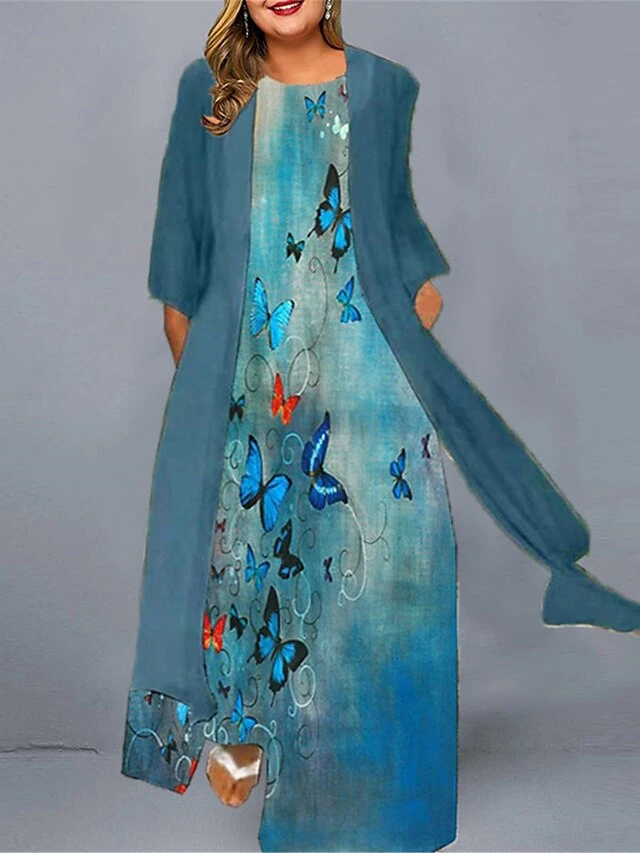 Women‘s Plus Size Curve Casual Dress Dress Set Two Piece Dress Animal Butterfly Long Dress Maxi Dress 3/4 Length Sleeve Print Crew Neck Fashion Daily Blue Green Spring Summer L XL XXL 3XL 4XL 1 Women‘s Plus Size Curve Casual Dress Dress Set Two Piece Dress Animal Butterfly Long Dress Maxi Dress 3/4 Length Sleeve Print Crew Neck Fashion Daily Blue Green Spring Summer L XL XXL 3XL 4XL