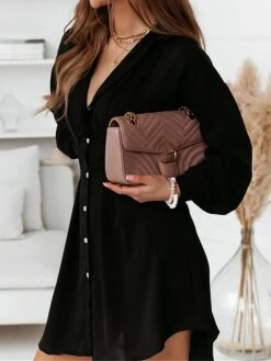 Women's Shirt Dress Casual Dress Mini Dress Outdoor Daily Vacation Polyester Fashion Modern Shirt Collar Button 3/4 Length Sleeve Fall Winter 2023 Loose Fit Black White Pure Color S M L XL 2XL -Casual Print Dress Sales jqcwry1695813901731