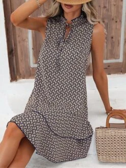 Women's Casual Dress Tank Dress Summer Dress Geometric Hollow Out Print Stand Collar Mini Dress Fashion Streetwear Outdoor Date Sleeveless Regular Fit Black Red Blue Summer Spring S M L XL XXL -Casual Print Dress Sales jqgmnk1686117818572