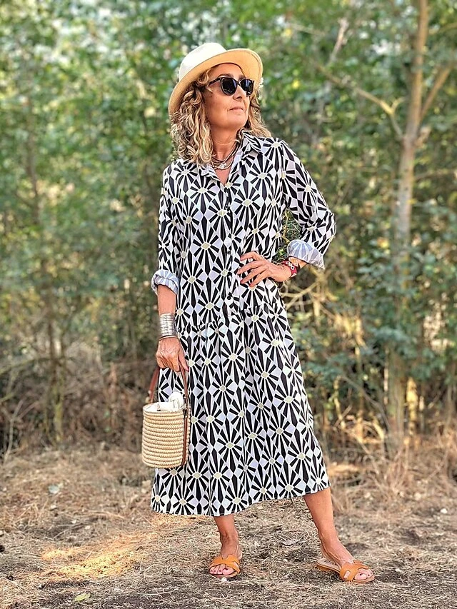 Women's Long Dress Maxi Dress Shirt Dress Casual Dress Print Dress Geometric Streetwear Modern Outdoor Daily Vacation Ruffle Button Long Sleeve Shirt Collar Dress Regular Fit Black Summer Spring S M 12 Women's Long Dress Maxi Dress Shirt Dress Casual Dress Print Dress Geometric Streetwear Modern Outdoor Daily Vacation Ruffle Button Long Sleeve Shirt Collar Dress Regular Fit Black Summer Spring S M - Image 12