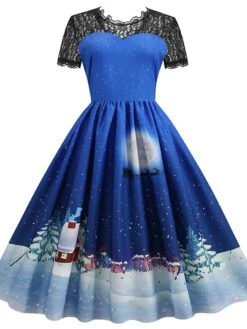 Women's Christmas Casual Dress Swing Dress Midi Dress Blue Purple Royal Blue Short Sleeve Santa Claus Lace Print Winter Fall Crew Neck Vacation Vintage 2022 S M L XL XXL 3XL