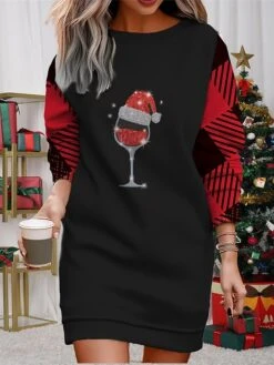 Women's Christmas Casual Dress Sweatshirt Dress Mini Dress Warm Fashion OutdoorVacation Crew Neck Printhat Loose Fit Black Wine Red S M L XL XXL -Casual Print Dress Sales jrkdxv1695365299788