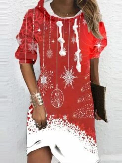 Women's Christmas Hoodie Dress Shift Dress Mini Dress Green Blue Red Long Sleeve Floral Snowflake Print Winter Fall Hooded Vacation Casual 2022 S M L XL XXL 3XL -Casual Print Dress Sales jrlhvo1667286761337