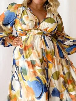 Women's Plus Size Curve Casual Dress A Line Dress Geometric Color Block Midi Dress Long Sleeve Patchwork Print V Neck Fashion Daily Yellow Fall Winter XXL 3XL 4XL -Casual Print Dress Sales jrxteo1695025427864