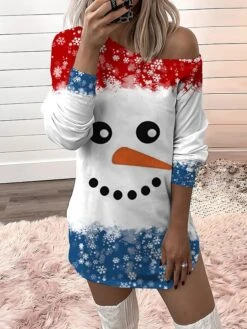 Women‘s Christmas Casual Dress Sweatshirt Dress Mini Dress Warm Fashion Outdoor Holiday Crew Neck Print Snowman Tree Loose Fit Black Red Royal Blue S M L XL XXL