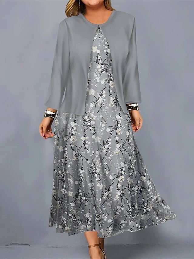 Women's Plus Size Curve Casual Dress Dress Set Two Piece Dress Floral Midi Dress Long Sleeve Print Crew Neck Mature Outdoor Blue Sky Blue Fall Winter L XL XXL 3XL 4XL 3 Women's Plus Size Curve Casual Dress Dress Set Two Piece Dress Floral Midi Dress Long Sleeve Print Crew Neck Mature Outdoor Blue Sky Blue Fall Winter L XL XXL 3XL 4XL - Image 3